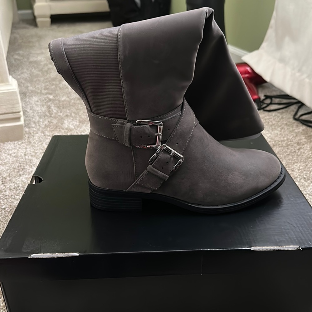 Gray faux suede riding boots, size 7W